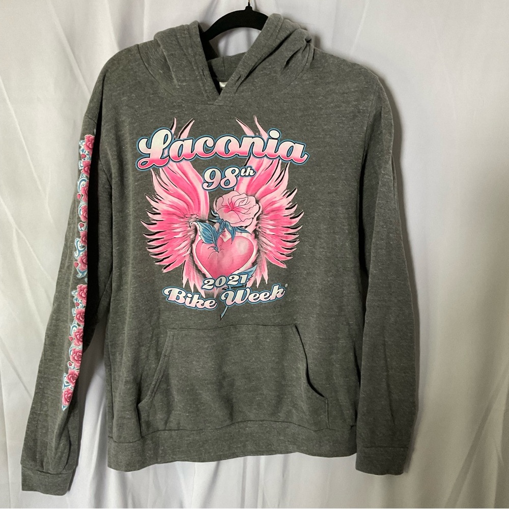 Laconia 98th Bike Week 2021 Women’s Gray hoodie size LARGE pink floral detail
